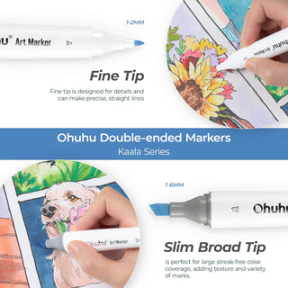 Ohuhu Kaala Slim Broad and Fine Dual Tips Alcohol Art Markers - 24 Basic Colors