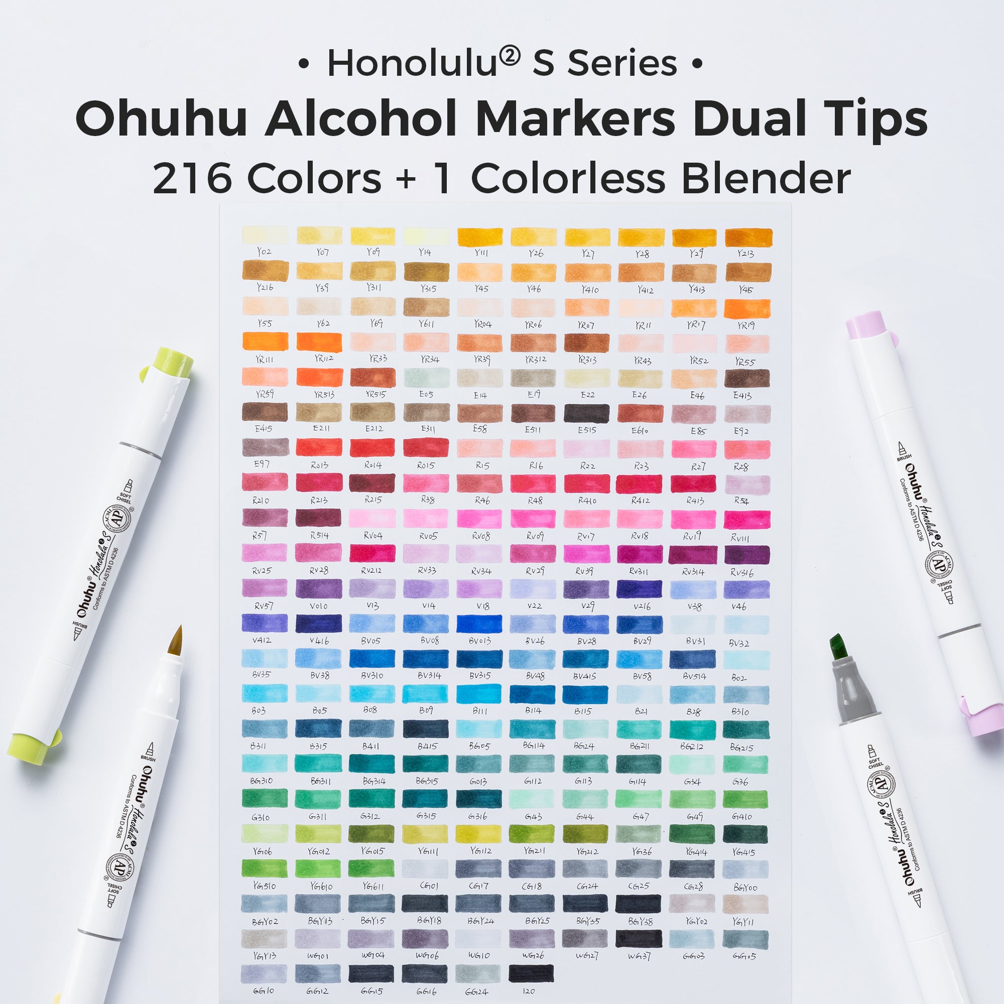 Ohuhu Honolulu² S 216 Basic Colors Dual Tips Alcohol Art Markers, Brus