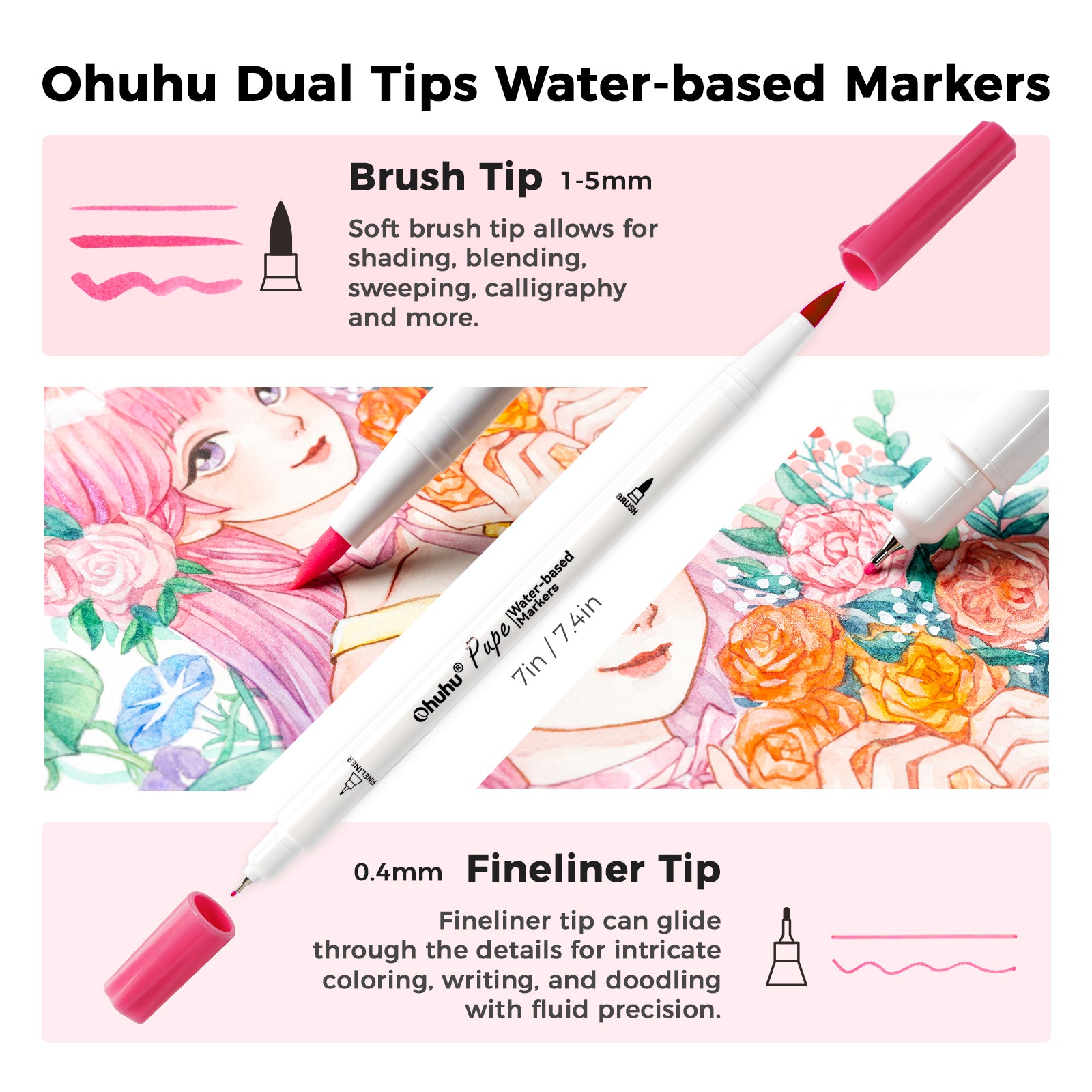 meiling ou✨ Ohuhu Pupe Paper-friendly (No Peeling) Brush and Fineliner Dual Tips 1