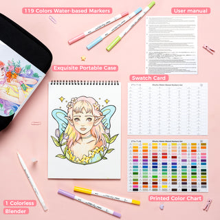 Ohuhu Pupe Paper-friendly (No Peeling) Brush and Fineliner Dual Tips 120 Colors Water-based Coloring Markers