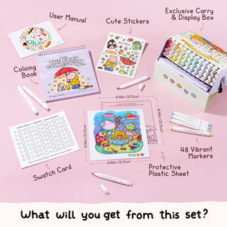 Ohuhu x Coco Wyo Cozy Mood Coloring Kit, Honolulu B 48 Colors Alcohol Markers with Brush & Fine Dual Tips, Coloring Book with Mood Tracker Pages