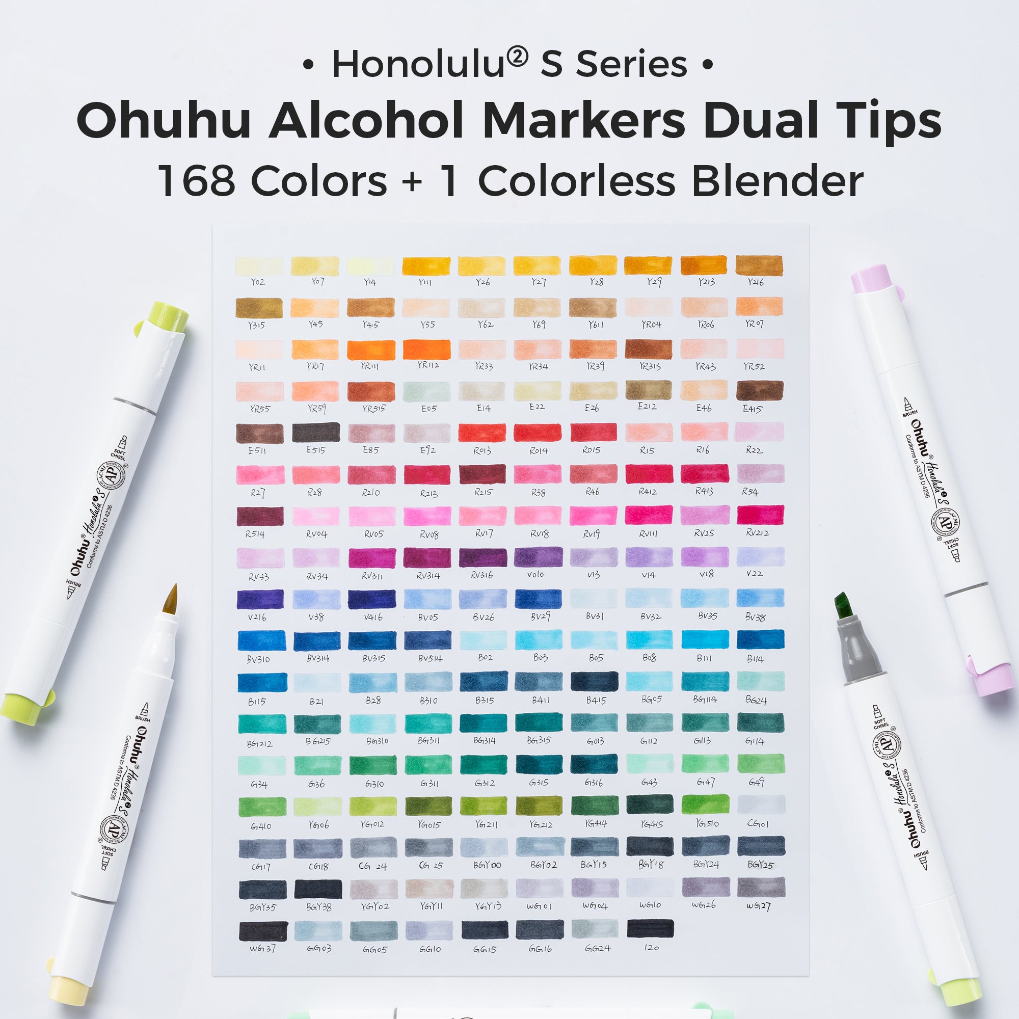 Ohuhu Honolulu² S 168 Basic Colors Dual Tips Alcohol Art Markers, Brus