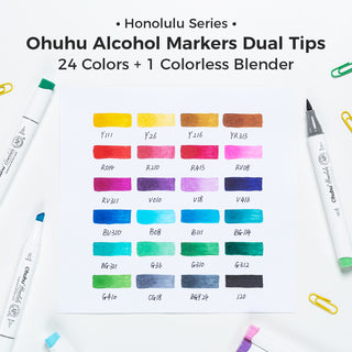 Ohuhu Honolulu 24 Basic Colors Dual Tips Alcohol Art Markers (New Color Codes)