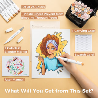 Ohuhu Honolulu 24 Skin Tone Colors Dual Tips Portrait Alcohol Art Markers (New Version)