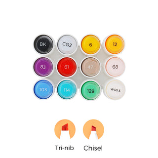 Ohuhu Mokauea 12 Color Tri-Nib & Chisel Tip  Double Tipped Art Marker(US Exclusive)