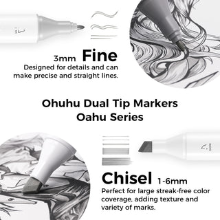 Ohuhu Oahu 36 Gray Tone Colors Dual Tips Alcohol Art Markers Set, Fine & Chisel