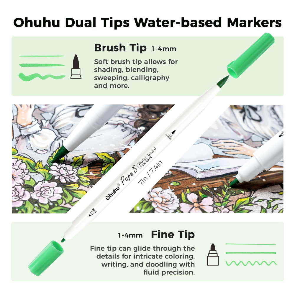 Ohuhu Pupe B 40 Paper-friendly (No Peeling)  Markers＆ Coloring Book Set