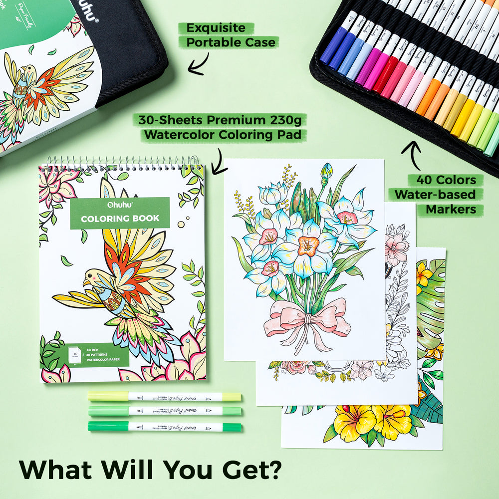 Ohuhu Pupe B 40 Paper-friendly (No Peeling)  Markers＆ Coloring Book Set