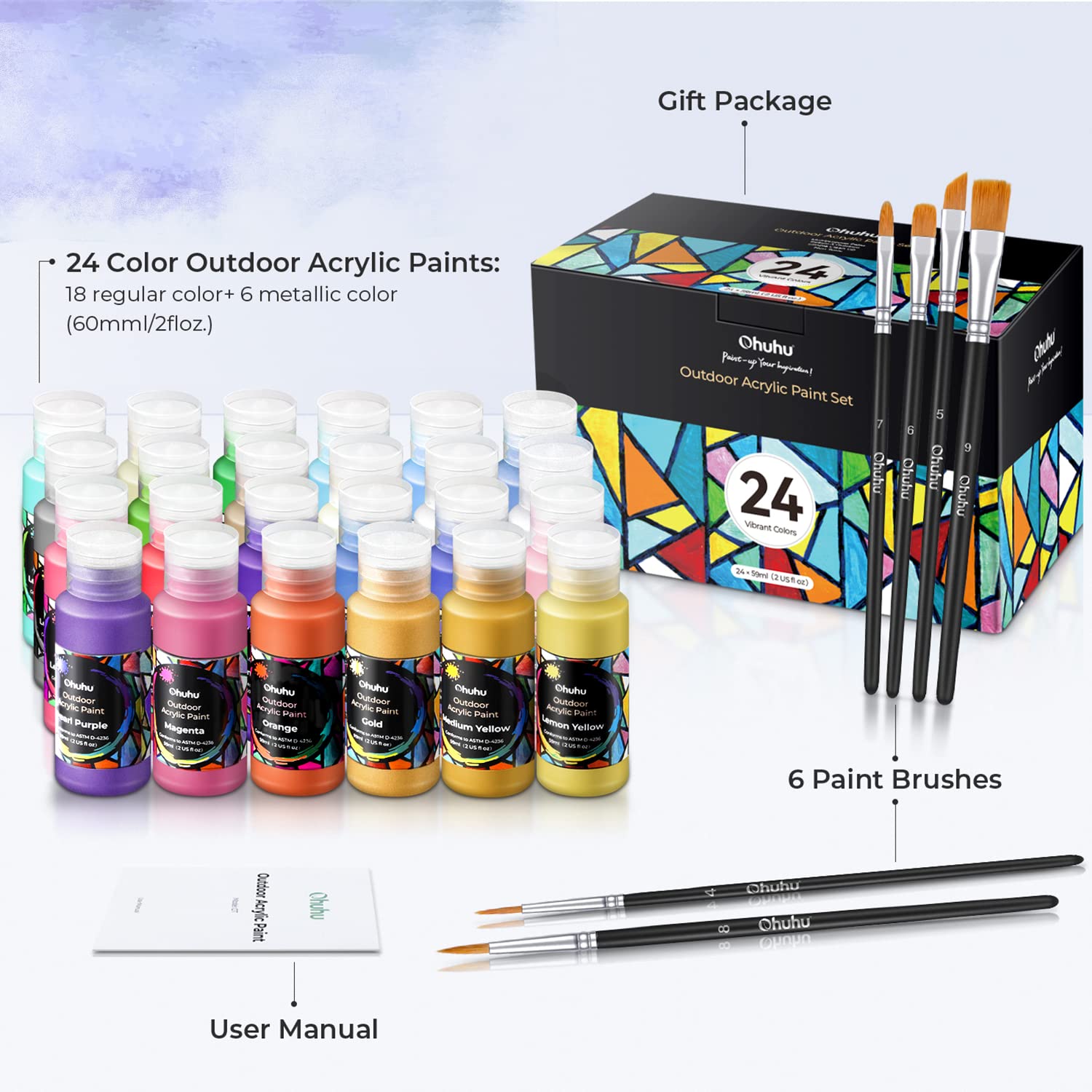 Acrylic Paint Set 24 Colors (2 oz/Bottle) with 12 Art Brushes Art