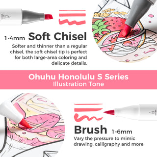 Ohuhu Honolulu S 60 Illustration Tone Colors Dual Soft Tips Alcohol Art Markers, Brush & Soft Chisel