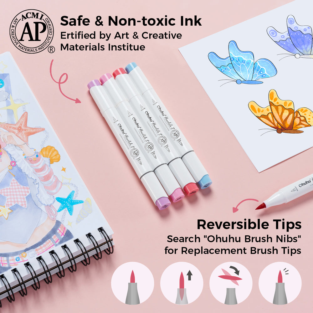 Ohuhu Honolulu S 60 Illustration Tone Colors Dual Soft Tips Alcohol Art Markers, Brush & Soft Chisel