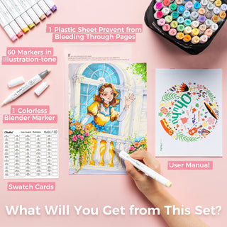 Ohuhu Honolulu S 60 Illustration Tone Colors Dual Soft Tips Alcohol Art Markers, Brush & Soft Chisel