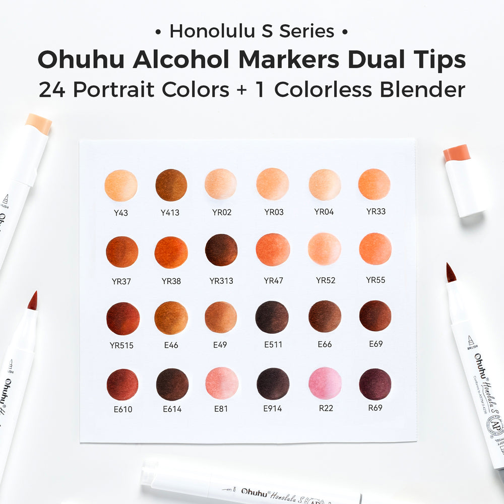 Ohuhu Honolulu S 24 Skin Tone Colors Dual Soft Tips Alcohol Art Markers, Brush & Soft Chisel