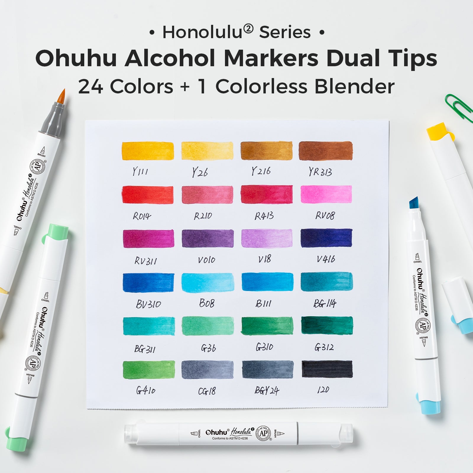 Ohuhu Honolulu² 24 Basic Colors Dual Tips Alcohol Art Markers