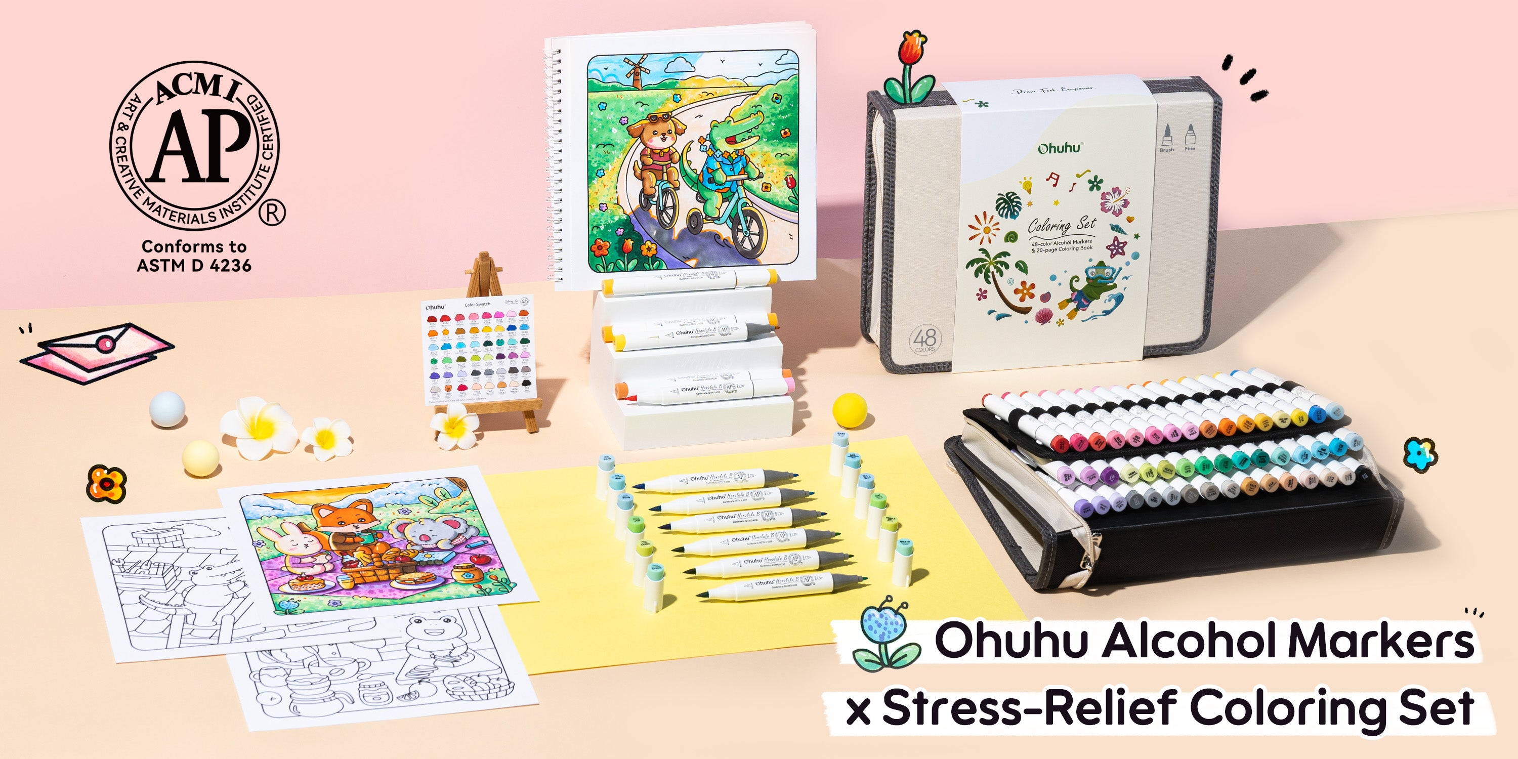 Ohuhu Honolulu B 48 Colors Alcohol Markers with Coloring Book