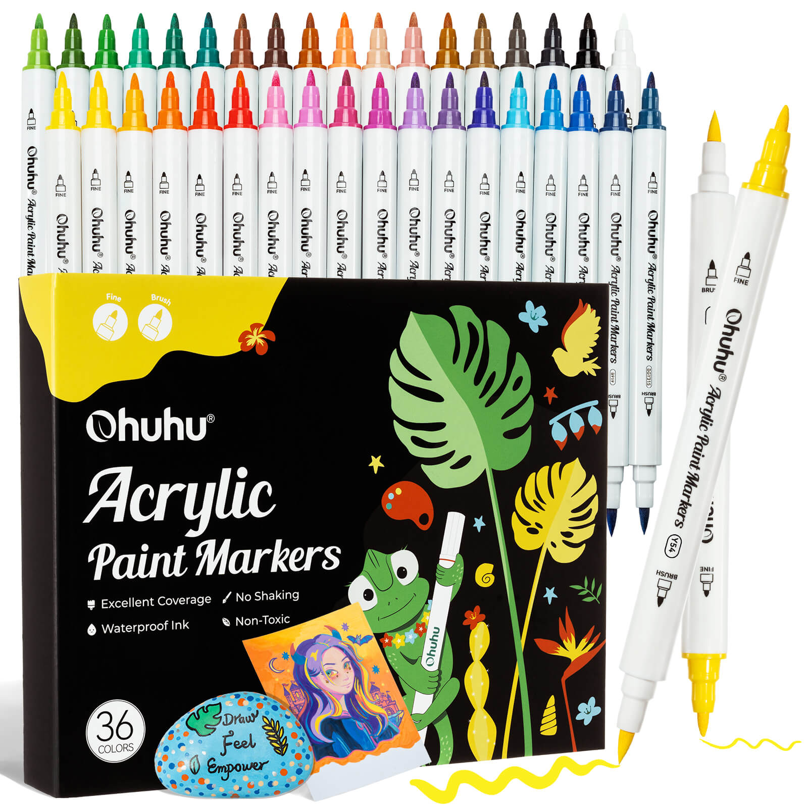 Vignette Stationery 36-Piece Acrylic Paint Pen Set – Dual Tip Brush & Fine Nib For Fabric & Art