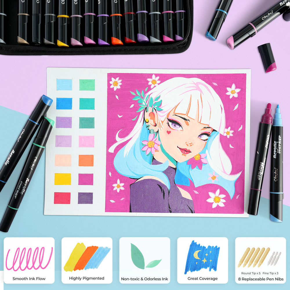 Ohuhu Dual Nib Waterproof Acrylic Pen 30 / 60 / 90 Colors - Kakaako