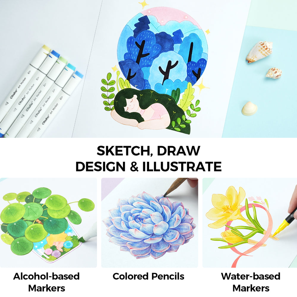 Ohuhu Bleedproof Double-Sided Marker Pad, Glue-Bound