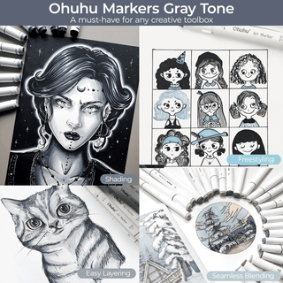Ohuhu Oahu 36 Gray Tone Colors Dual Tips Alcohol Art Markers Set, Fine&Chisel