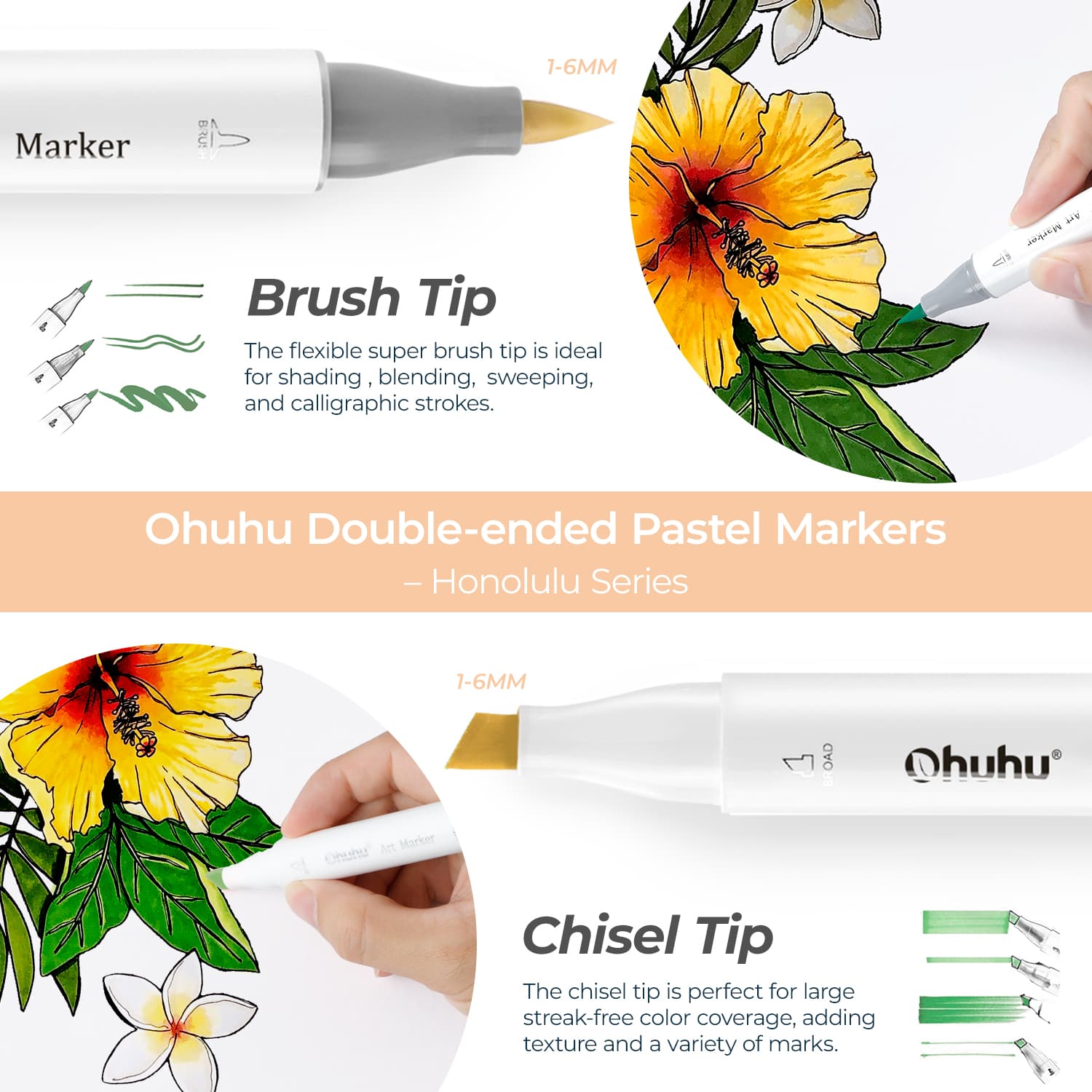  Ohuhu Pastel Markers Brush Tip - 48 Pastel Colors