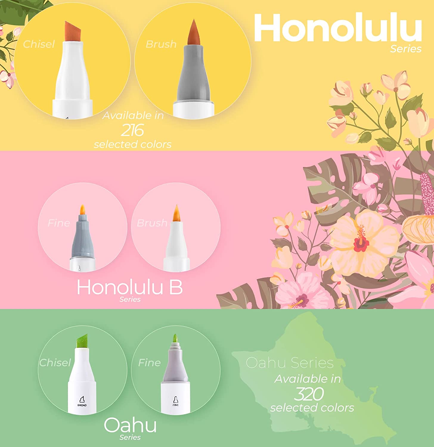 Ohuhu Honolulu 24 Basic Colors Dual Tips Alcohol Art Markers - Brush & Chisel - merriartist.com