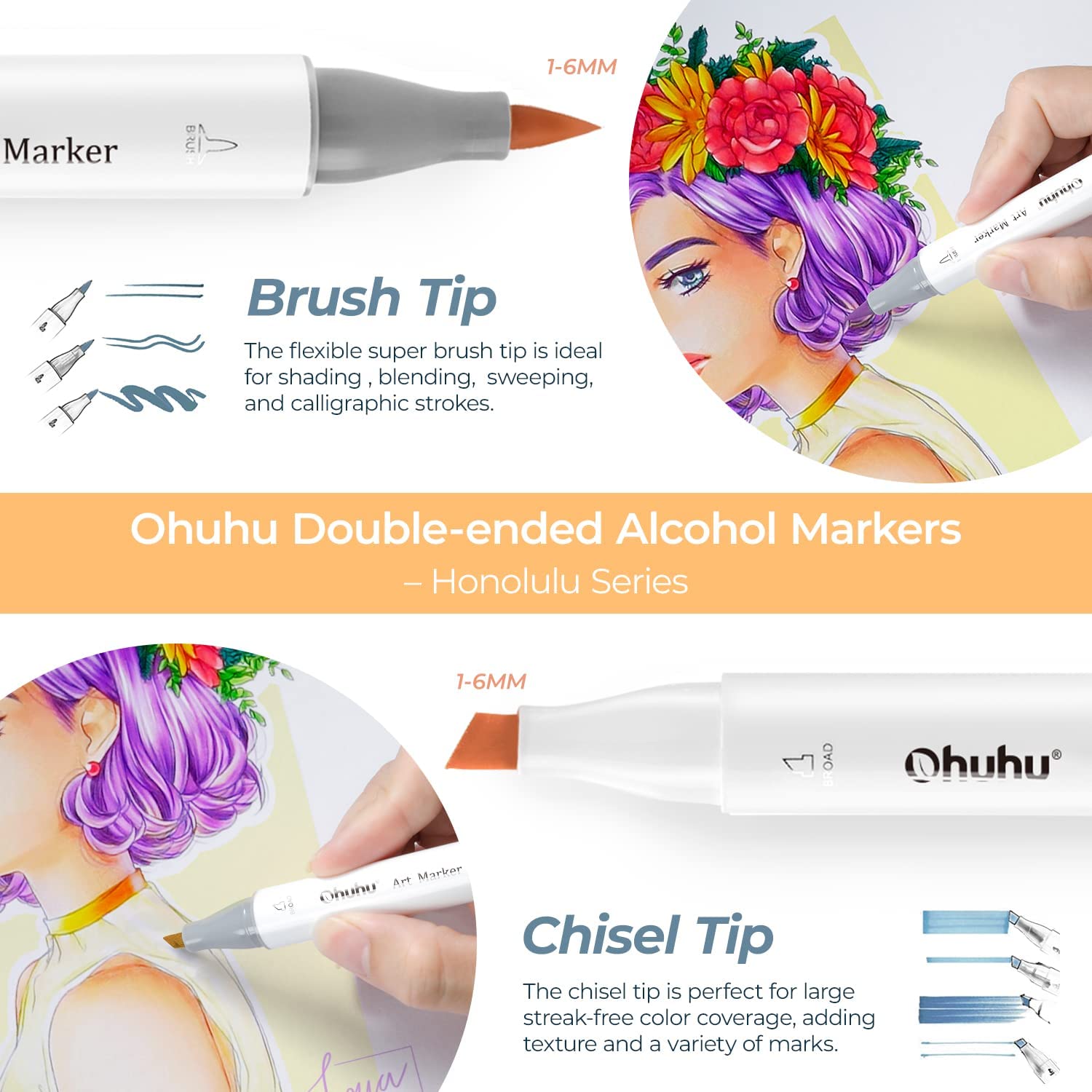  Ohuhu Alcohol Markers Brush Tip- 104-color Double Tipped  Alcohol Based Art Marker Set for Artists Adults Coloring Illustration-  Honolulu of Ohuhu Markers- Dual Tip Brush & Chisel- Refillable : Arts